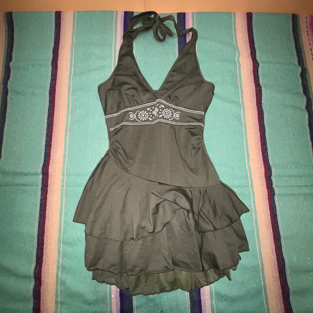 Halter Mini Dress Womens Medium Olive Green Tiered Ruffle Boho Y2K Embroidered